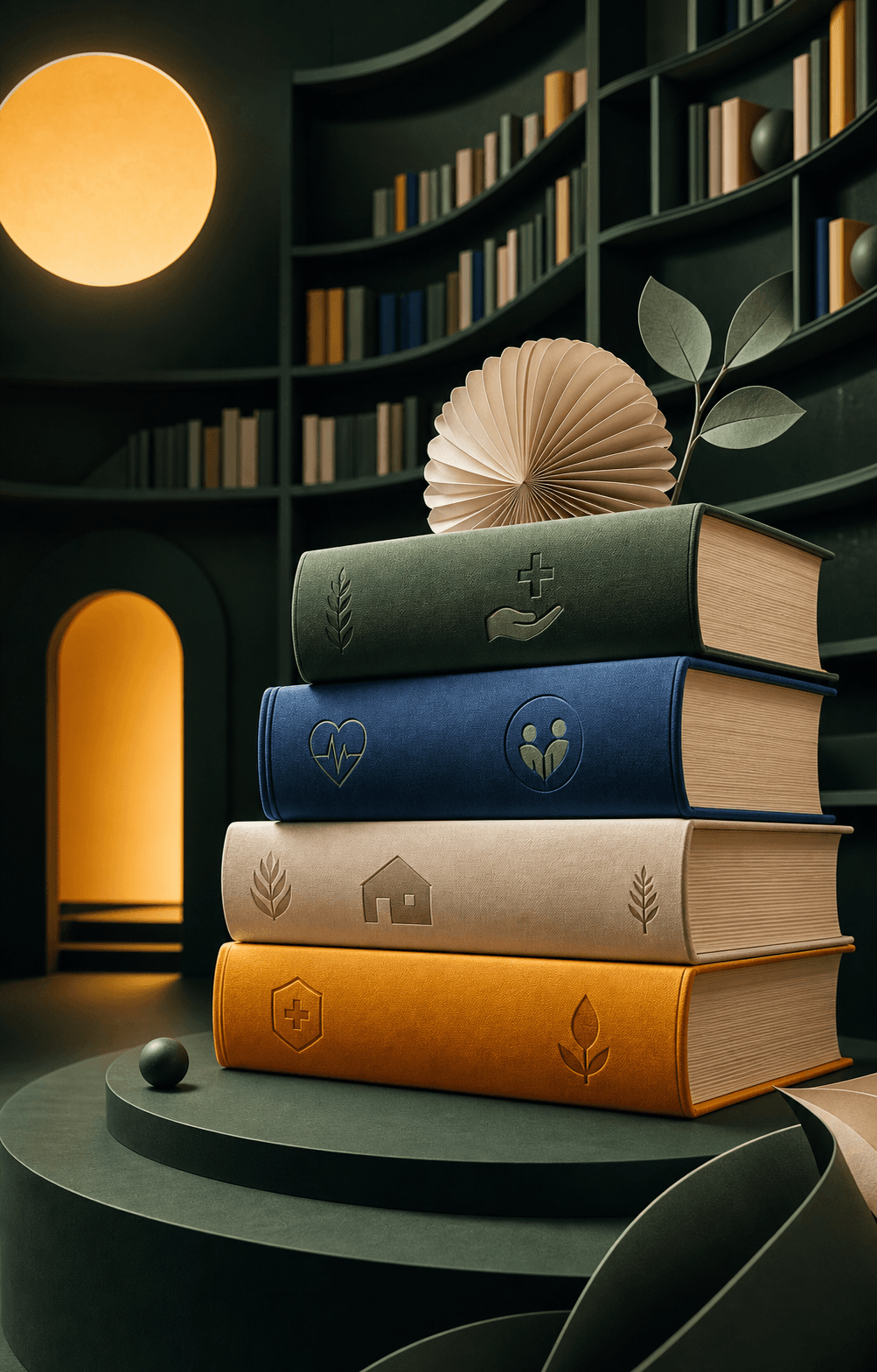 A sculptural stack of safety books inside a dramatic curved library